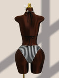 Vintage Black Striped One Piece Swimwear Women 2026 3D Metal Flower Hollow Out Backless Beach Holiday Bathing Suit Swimsuit