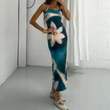 Summer Tie-Dye Floral Print Backless Party Dress Women Sleeveless Spaghetti Strap Sexy Bodycon Dress for Vacation Cocktail Beach