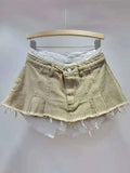 Women's Denim Skirt High Waist Pleated Patchwork Contrast Color Big Pockets Burrs A-line Mini Skirt 2026 Summer New SKIRTS 7W7E