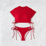 2026 New 2 Piece Swimsuit for Women Solid Color Sexy Drawstring Short Sleeve Bikini Set Beach Vacation Bathing Suit Swimwear