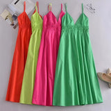 Foridol Elastic Smocking Green Cotton V Neck Summer Women's Dress Sleevless Long Green Maxi Casual Strapy Dress Solid Female