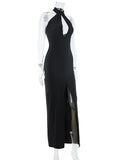 Ahagaga Sexy Halter Women's Maxi Dresses Solid Hollow Out Sheath High Split Party Backless Elegant Tight Fitting Hip Hugging