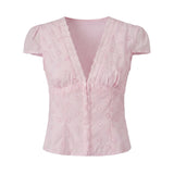 Women's Solid Color Short Sleeve Tops Eyelet V Neck Button Down Slim Fit Shirts Fashion Summer Retro Casual Cropped Blouse