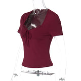 FDYOUI Women's Fashion Lace Patchwork T-shirt Streetwear Ladies Sexy Short Sleeve Bandage Tops Tees Y2K Slim Corset T Shirts