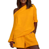 2 Pcs/Set Women Tracksuit One-shoulder Short Pants Solid Color Leisure Summer Top Set