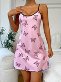 Women Butterfly Print Spaghetti Strap Nightgown Sleeveless Slim Fit Sleep Dress Soft Breathable Summer Home Loungewear