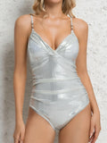 2026 V-neck Hot Stamping Strappy Swimsuit Women One Piece Solid Swimwear Female Sexy Bathers Bathing Swimming Swim Suit Beach