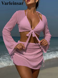 9 Colors New Long Sleeve With Skirt Bikini Female Swimsuit Women Swimwear Four-pieces Bikini set Bather Bathing Suit Swim V6358P