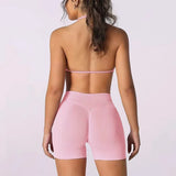 2PCS Backless Sports Bra High-Waisted Yoga Shorts Set Sexy Neck Hanging Design Abdomen Hip Lifting Fitness Outfit