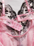 Pink Lace Embroidery Jumpsuit with Black Floral Lace Paneling High-Waist Triangle Pant Design Romantic French Sexy Underwear