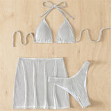 S - XL New With Skirt Ribbed Halter Bikini Female Swimsuit Women Swimwear Three-pieces Bikini set Bather Bathing Suit Swim V4351
