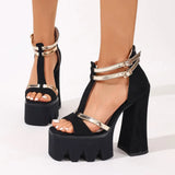 Women's Flock Suede Leather T-Strap Platform Sandals Chunky High Heels Elegant Sandals Sexy Party Shoes Rose red England 34-43
