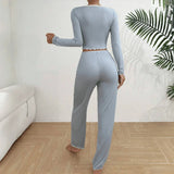 Y2K Ribbed Knit Loungewear Set for Women Long Sleeve V Neck Button Top and Pants Pajamas Two Piece Sleepwear with Lace Trim New
