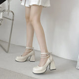 10cm Super High Heels Mary Jane Shoes Women Fashion Patent Leather Platform Pumps Woman Pearls Chain Ankle Strap Party Shoes