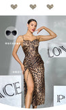 Women Sexy Leopard Print Slip Nightdress Removable Padded Drawstring High Slit Midi Nightgown Loungewear