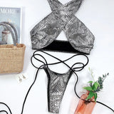 Snake Skin Mini Micro Thong Bikini Women Swimwear Female Swimsuit Two Pieces Bikini Set Halter Wrap Around Bathing Suit Swim