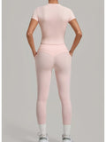 Women Tracksuit Yoga Sets Short Sleeve Slim Sports T Shirts Workout Clothes Outdoor Tight High Waist Pocket Pants Fitness Suits