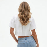 Summer Women's Ruched White Shirts Solid Color Bubble Short Sleeve Button Down Tops Casual Fashion Blouse