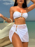 With Mesh Skirt Bandeau Bikini Women Swimwear Female Swimsuit Three-pieces Bikini Set Metal Ring Bathing Suit Swim Beachwear