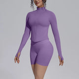Women's Seamless Yoga Sets Sports Fitness Gym Zipper Long-Sleeve Jacket Hip Lift High-Waist Shorts Suits Workout Training Sets