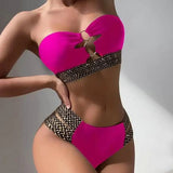 2Pcs/Set Women Bikini Set Ring Connection Off Shoulder Bathing Suit Elastic Waistband Backless High Cut Lady Beach Bikini Suit