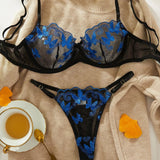 Toucheart Sexy Bra Underwear Set For Women Embroidery Butterfly Printing Patchwork Mesh Hollow Out Perspective Underwear Suit
