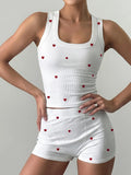 2 Piece Pajamas Set Heart Print Crop Tops and Shorts Loungewear Set Summer Sleepwear Women Home Clothes