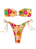 Sexy Bandeau Bikini 2025 Women Pink Floral Print Ring Circle Push Up Micro Swimsuit Off Shoulder Bathing Suit Thong Swimwear