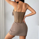 Fashion Retro Gray Splicing Tank Top Women Sexy Patchwork Slim Fit Fishbone Corset Elegant Bustier Hot Girl Party Club Tops Vest