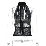 FDYOUI Woman Clothes Elegant Bandage Mesh Corset Tops 2026 Female Halter V-neck Lace-up Tank Top Black T-shirt Y2K Streetwear
