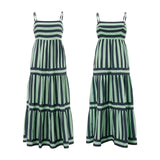 Women's Striped Print Dress Sleeveless Spaghetti Strap Square Neck Tiered Long Dress for Holiday Casual Boho Sundress