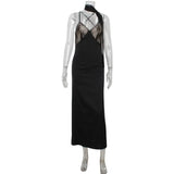 Ahagaga Sexy Lace Women's Party Long Dresses Slim V-neck Solid Blackless Mesh Sleeveless Camisole Sheath Regular Vestidos Robes