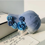 Women 3D Flower Sun Hat Breathable Sun Protection Denim Baseball Hat Holiday Outdoor Travel Cap