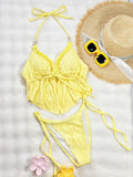 DEKA Yellow Triangle Vest Bikini Set Women String Halter Thong Sexy Swimsuit Heart Bead Swimwear Bathing Suit Lace up Bikinis