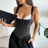 Sexy Tube Top Women Fashion Black Striped Patchwork Bandage Ruffles Slim Fit Fishbone Corset Camisole Sleeveless Club Party Tops