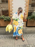 Lemon Print Shirt Dresses Women Fashion Short Sleeves Lapel Loose Single-breasted Shirts Long Dress Casual Lady Vacation Vestido
