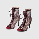 Sexy Leopard Pattern Mesh Thin Heel High Heel for Women Elegant Size 43 Breathable Sandals Lace Up Peep Toe Cool Boots