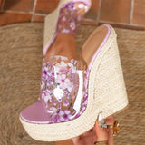 Flower PVC Transparent Open Toe Platform Wedges Women Slippers Fashion Twine Weave High Heels Banquet Slide Shoes