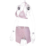 FDYOUI Women's Polka Dot Print Pink Swimsuit Lace-up Bras Panties Split Skirts 3 Pieces Bikinis Sets Bathing Suit Beach Swimwear