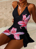 Vintage Yellow Lily Floral Print One Piece Swimsuit Women Double Strap V Neck Holiday Slim Tummy Control Skirt Swimwear Set 2026