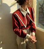 MEXZT Vintage Chiffon Shirts Women Elegant Patchwork Long Sleeve Blouses Office Lady Korean Black Turn Down Collar Casual Tops