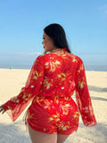 Red Floral Print Tankini Set 2026 Women Long Sleeve Drawstring Cover Up 3 Piece Swimsuit Beach Holiday Bathing Suit Swimwear 4XL