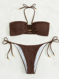 Halter Tie Side Pleated Smocked Bikini Women Bandeau Swimsuit Female Swimwear Two Pieces Bikini Set Bathing Suit Swim Beach Wear