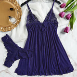 Ultra Sexy Lingerie Women Lace SeeThrough Nightdress Erotic PajamasSolid Soft Slim V Neck Sleepwear Summer Dress & Thong Kit