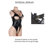 Black PU Leather Mesh Bodysuit for Women Hollow Out Open Crotch Teddy Lingerie Push Up One Piece Jumpsuit Underwear as Outerwear