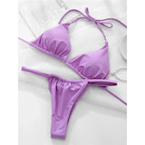 PU Pleated Ruched Bikinis Mini Micro Thong Bikini Women Swimwear Female Swimsuit Two-pieces Bikini Set Halter Bathing Suit Swim