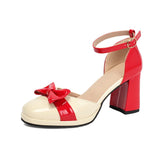 Plus Size 32-48 Mary Jane Heels Shoes Women Bow Decor Ankle Strap Platform Chunky Block Heel Sweet Lolita Pumps