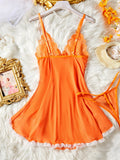 Summer Orange Hot Lace Mesh Contrasting Sexy Babydoll Dress Slim Fit Erotic Lingerie With Thongs Sex Night Costumes
