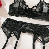Embroidery Lingerie 3Pcs Sets Ultrathin Mesh Patchwork See Through Bras And Thongs Garter Suits Erotic Intimate Sexy Underwear