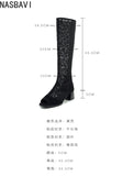 Fashion Women Knee High Boots Square Heel Zipper Sexy Lace Mesh Boots Spring Cool Boots Breathable Women's Shoes Botas De Mujer